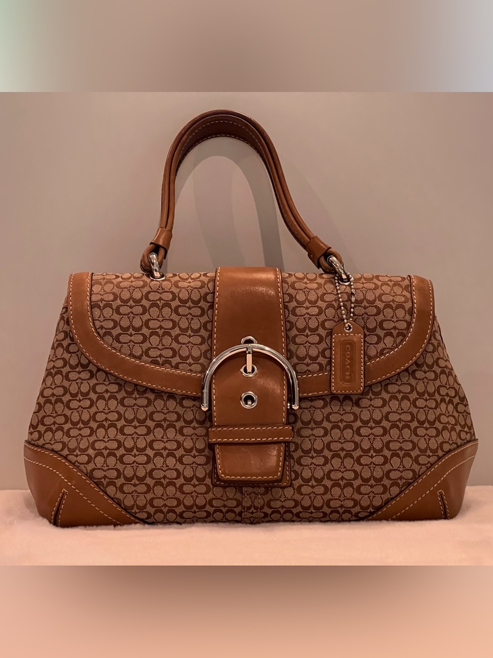 Coach Tan/Brown Signature Logo Satchel with Leather Buckle Trim
